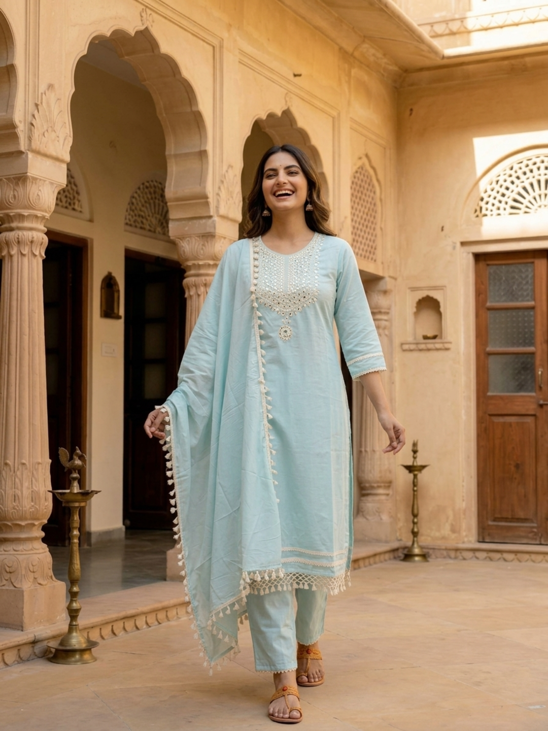 Sky Blue Cotton Mulmul Kurta Set with Mirror Work, Palazzo & Dupatta