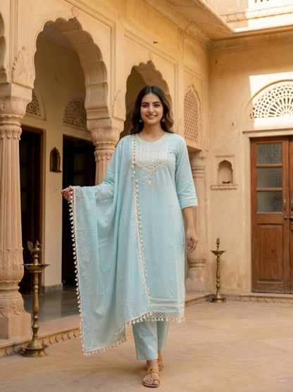 Sky Blue Cotton Mulmul Kurta Set with Mirror Work, Palazzo & Dupatta