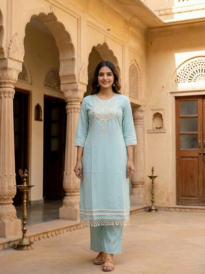 Sky Blue Cotton Mulmul Kurta Set with Mirror Work, Palazzo & Dupatta