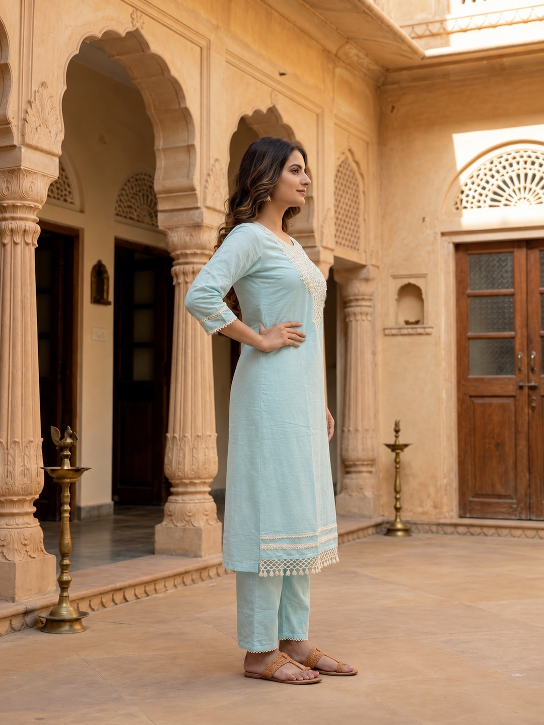 Sky Blue Cotton Mulmul Kurta Set with Mirror Work, Palazzo & Dupatta