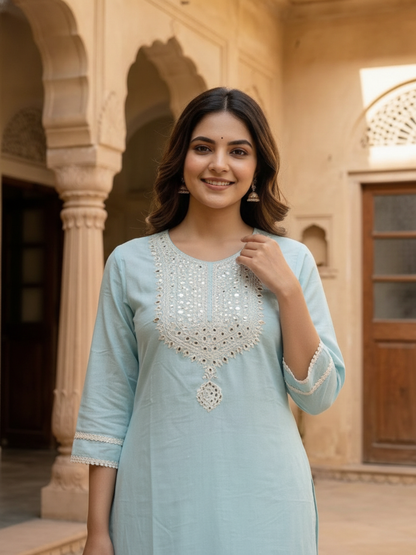 Sky Blue Cotton Mulmul Kurta Set with Mirror Work, Palazzo & Dupatta