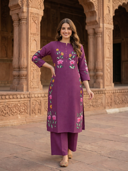 Purple Hand-Painted Floral Muslin Silk Kurta Set with Palazzo