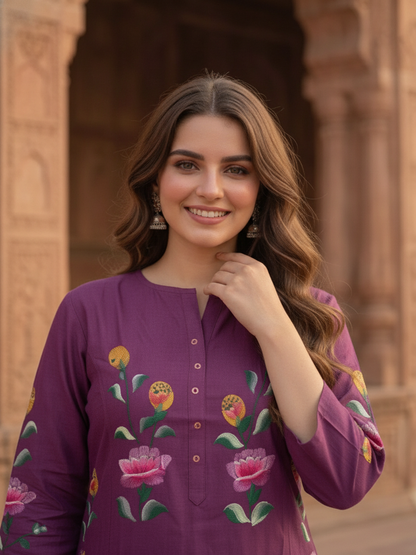 Purple Hand-Painted Floral Muslin Silk Kurta Set with Palazzo