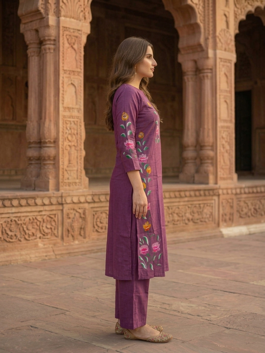 Purple Hand-Painted Floral Muslin Silk Kurta Set with Palazzo