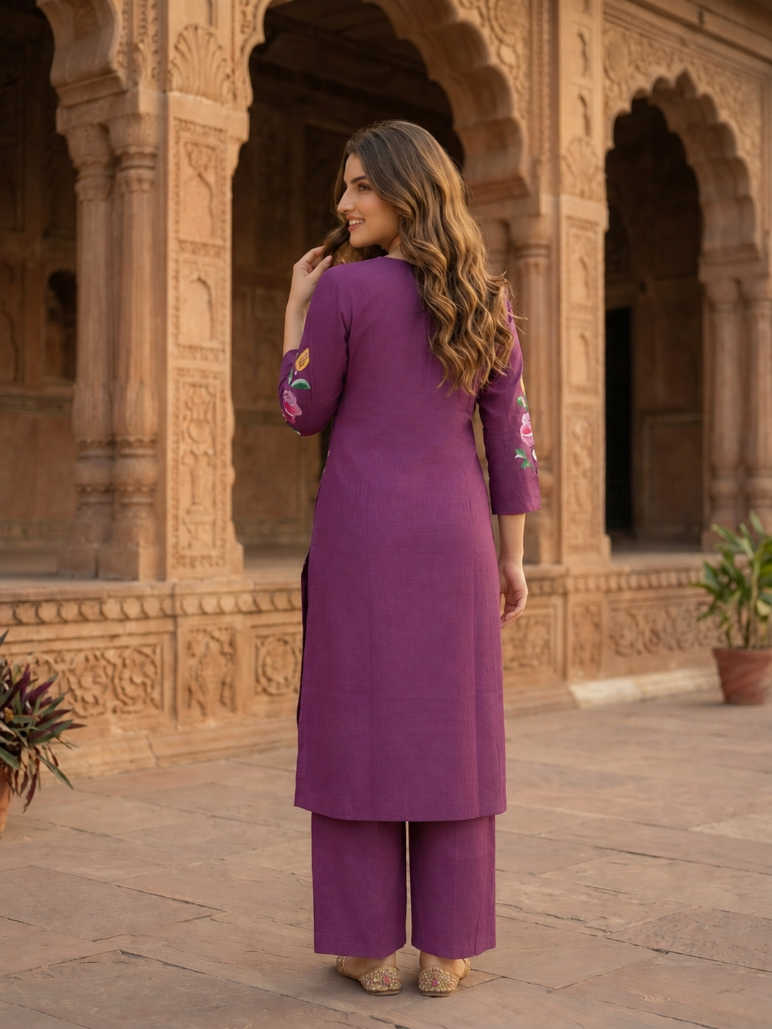 Purple Hand-Painted Floral Muslin Silk Kurta Set with Palazzo