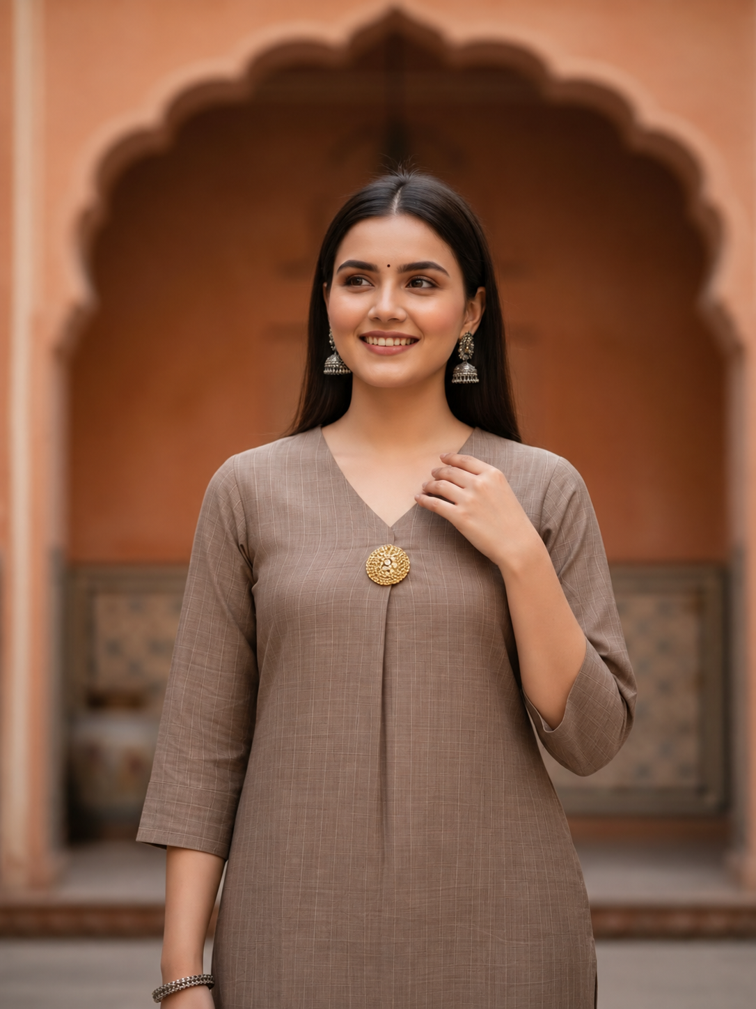 Taupe Silk Blend Kurta Set with Oxidised Trim & Palazzo