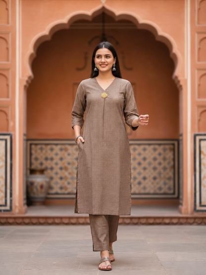 Taupe Silk Blend Kurta Set with Oxidised Trim & Palazzo