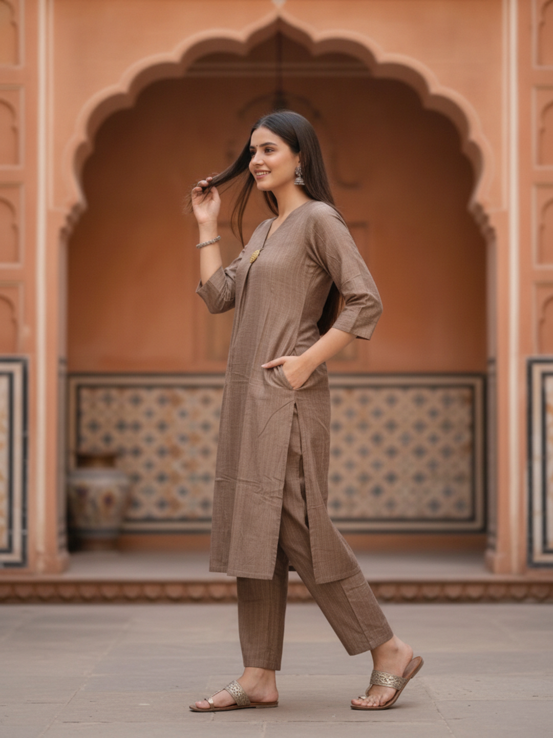 Taupe Silk Blend Kurta Set with Oxidised Trim & Palazzo