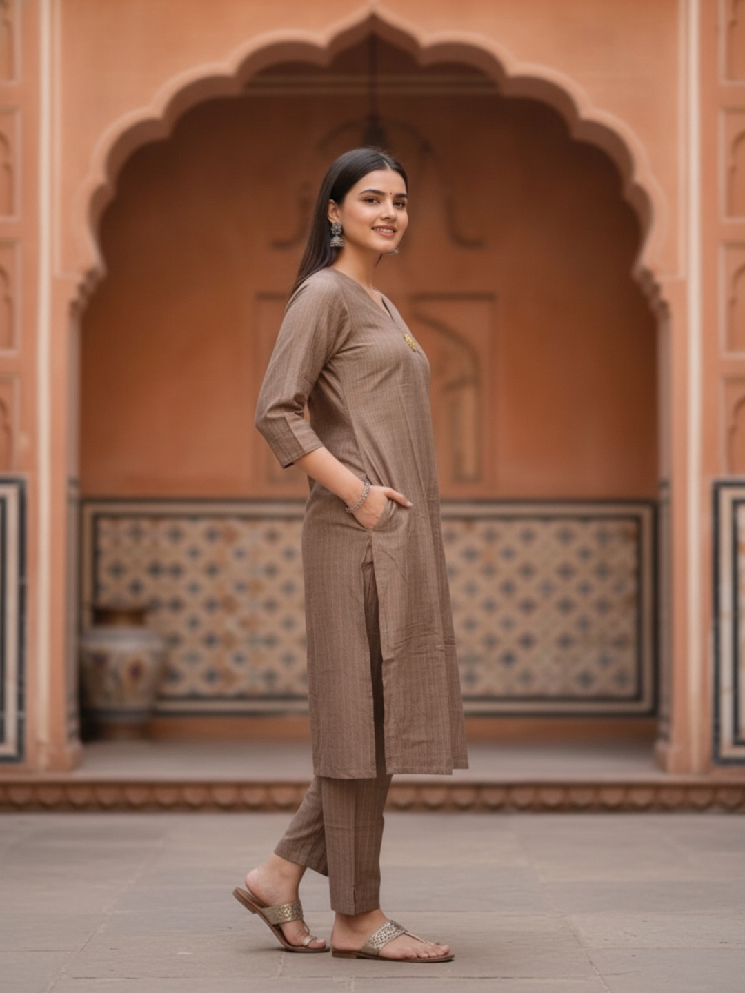 Taupe Silk Blend Kurta Set with Oxidised Trim & Palazzo