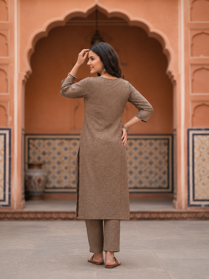 Taupe Silk Blend Kurta Set with Oxidised Trim & Palazzo