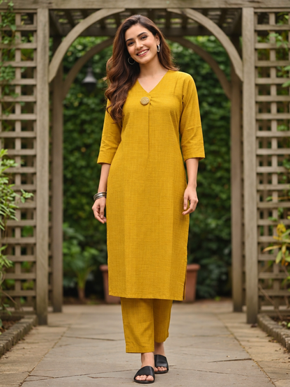 Mustard Yellow Silk Blend Kurta Set with Oxidised Trim & Palazzo