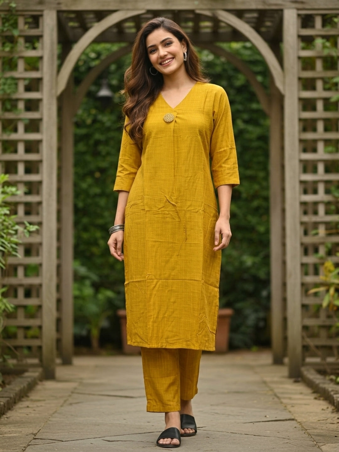 Mustard Yellow Silk Blend Kurta Set with Oxidised Trim & Palazzo