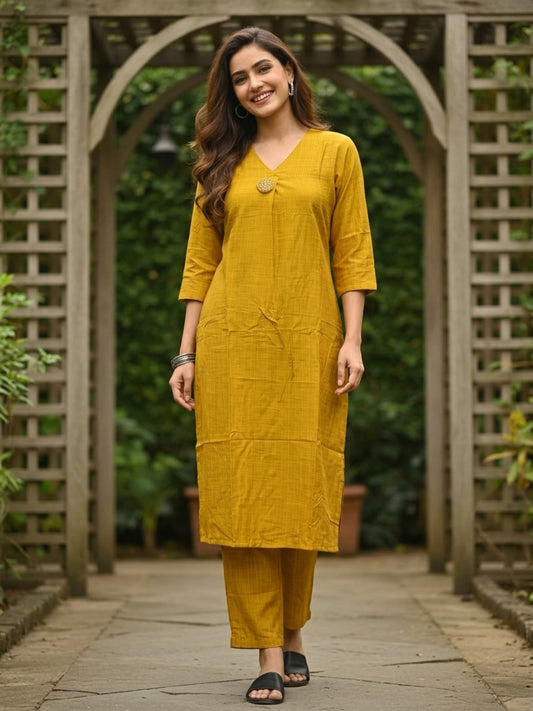 Mustard Yellow Silk Blend Kurta Set with Oxidised Trim & Palazzo