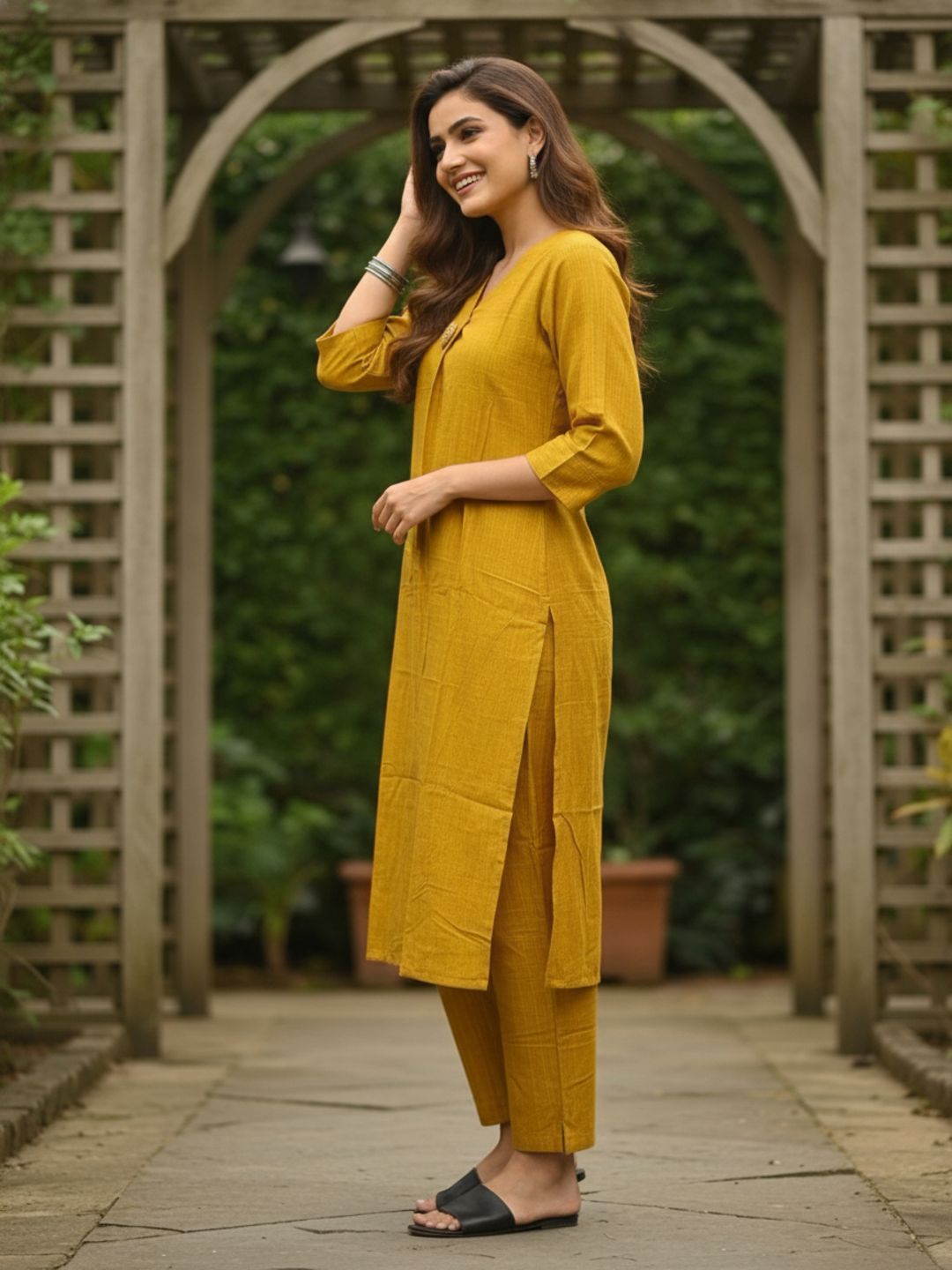 Mustard Yellow Silk Blend Kurta Set with Oxidised Trim & Palazzo