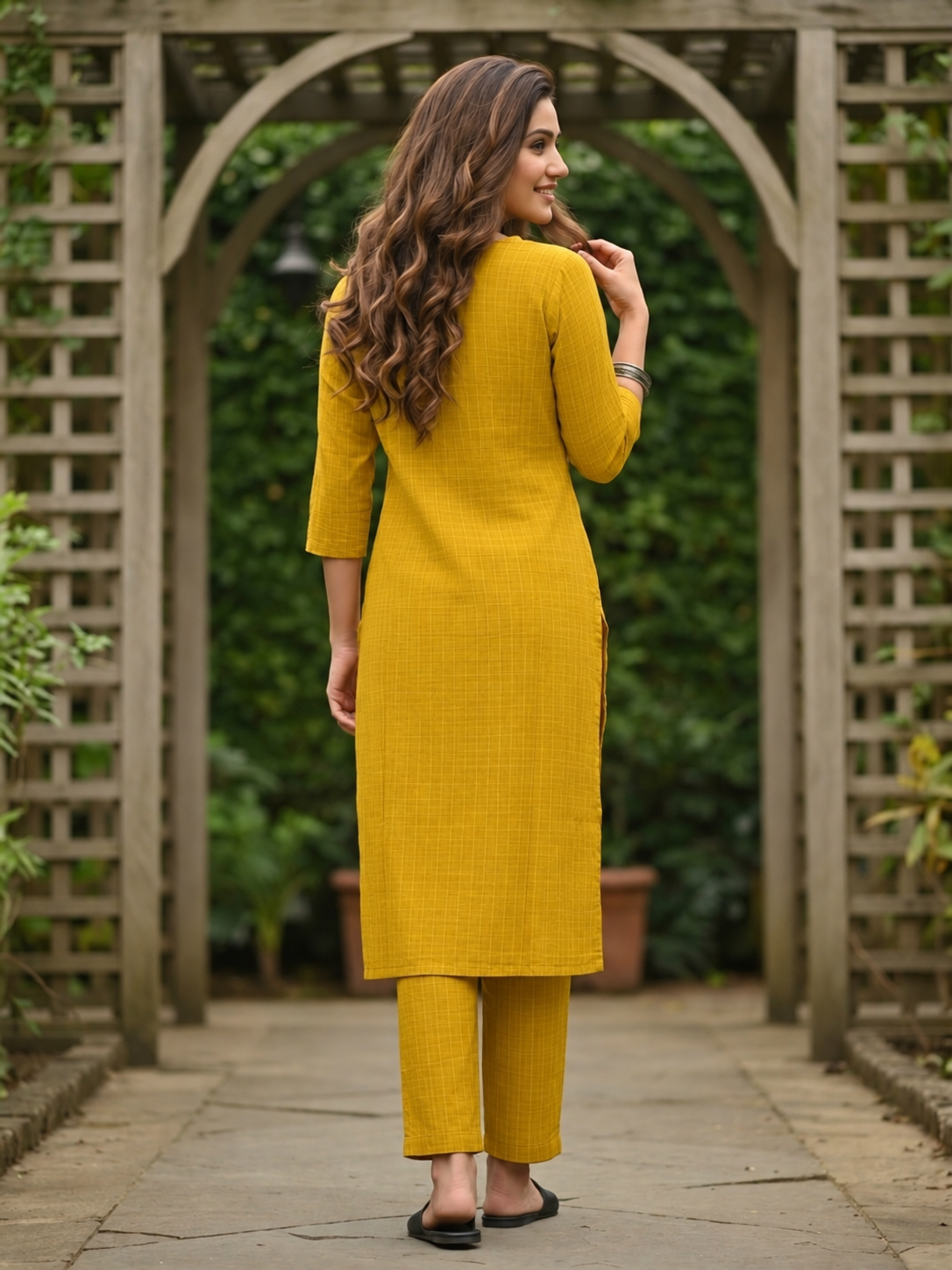 Mustard Yellow Silk Blend Kurta Set with Oxidised Trim & Palazzo