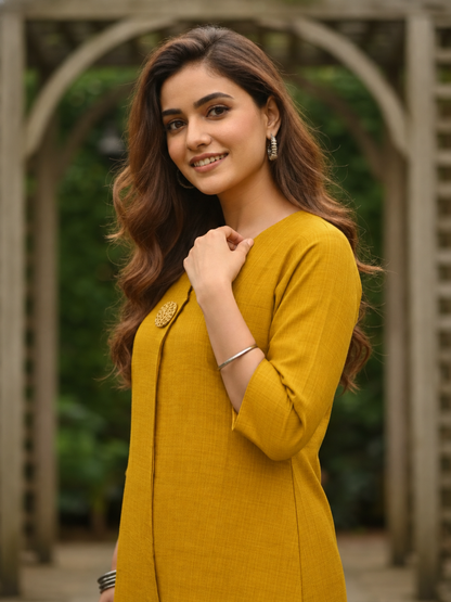 Mustard Yellow Silk Blend Kurta Set with Oxidised Trim & Palazzo