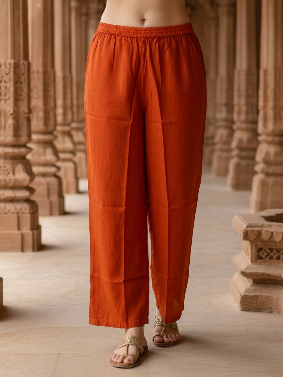 Rust Silk Kurta Set with Floral Zari Patchwork & Sequins, Palazzo & Dupatta