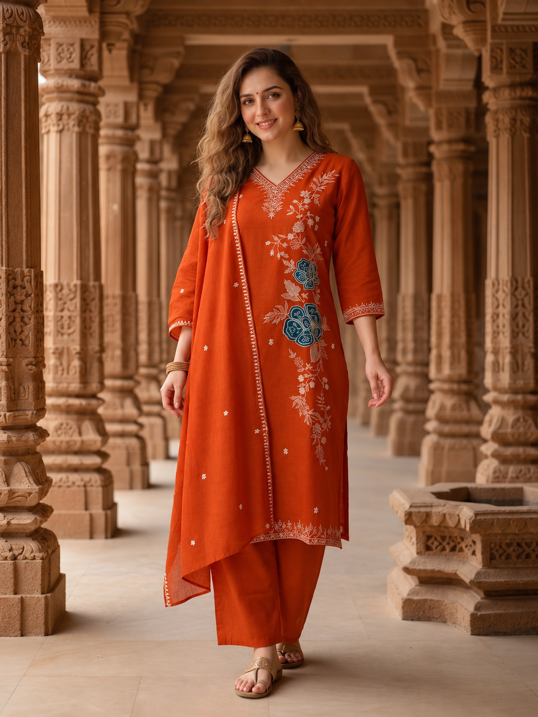 Rust Silk Kurta Set with Floral Zari Patchwork & Sequins, Palazzo & Dupatta