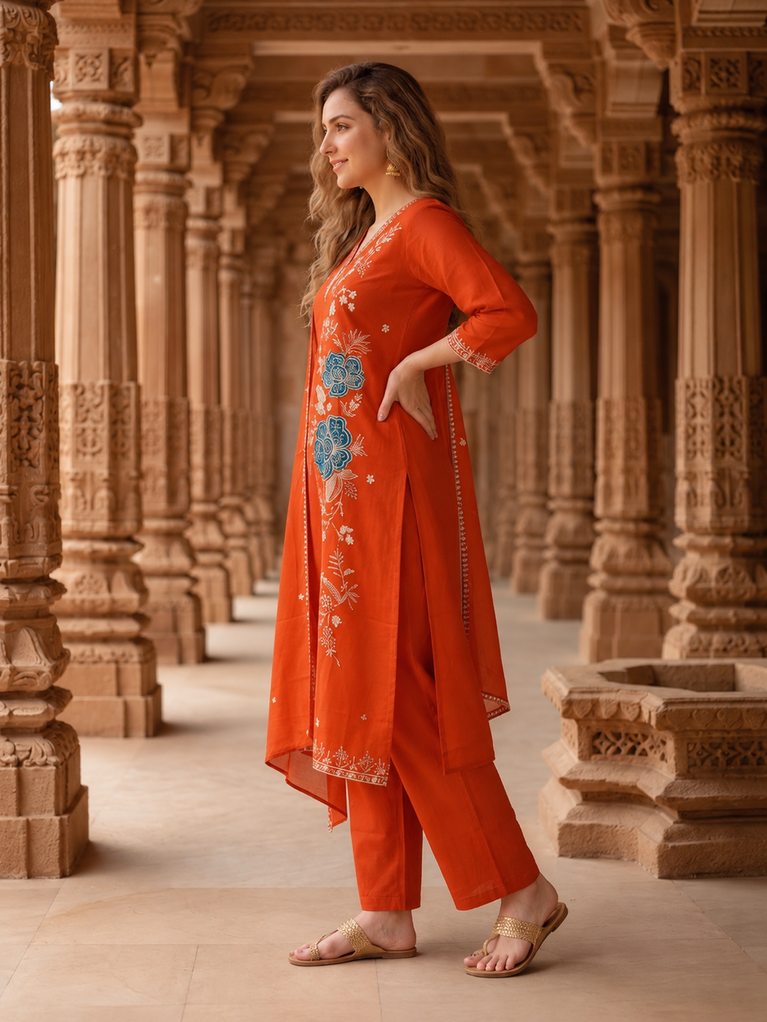 Rust Silk Kurta Set with Floral Zari Patchwork & Sequins, Palazzo & Dupatta