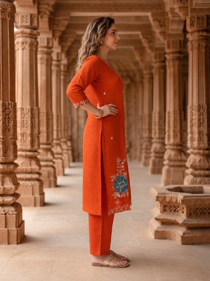 Rust Silk Kurta Set with Floral Zari Patchwork & Sequins, Palazzo & Dupatta