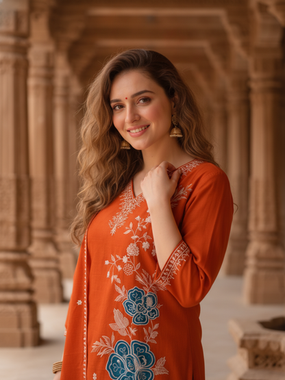 Rust Silk Kurta Set with Floral Zari Patchwork & Sequins, Palazzo & Dupatta