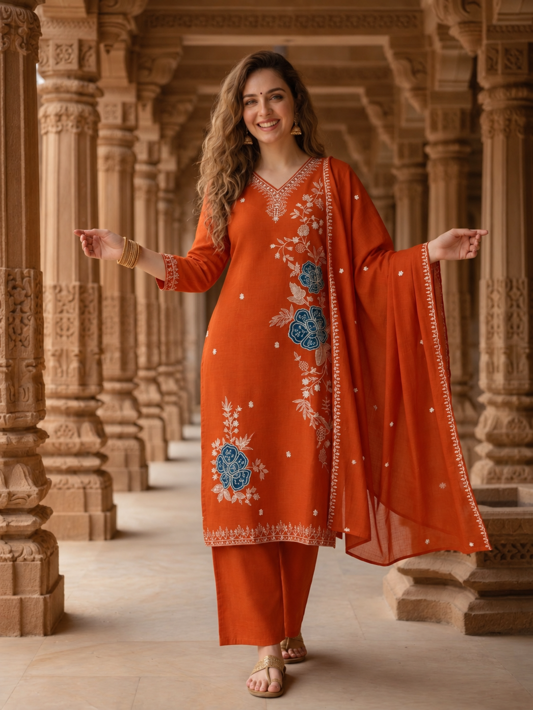 Rust Silk Kurta Set with Floral Zari Patchwork & Sequins, Palazzo & Dupatta