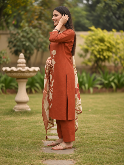 Rust Orange Tissue Kurta Set with Floral Embroidery, Palazzo & Tassel Dupatta