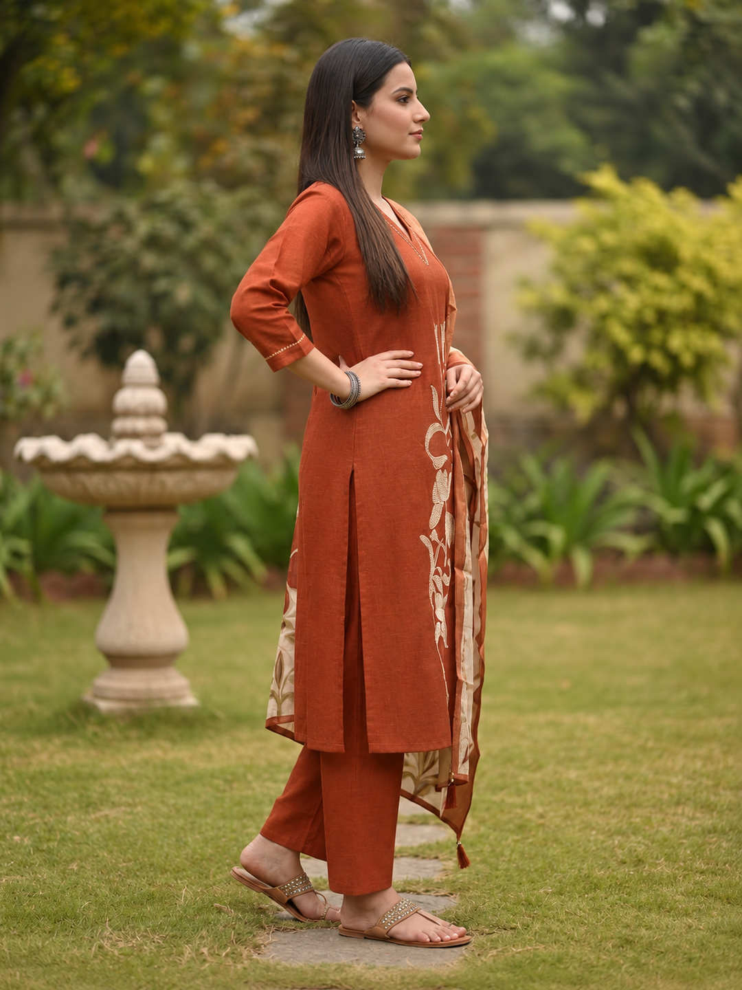 Rust Orange Tissue Kurta Set with Floral Embroidery, Palazzo & Tassel Dupatta
