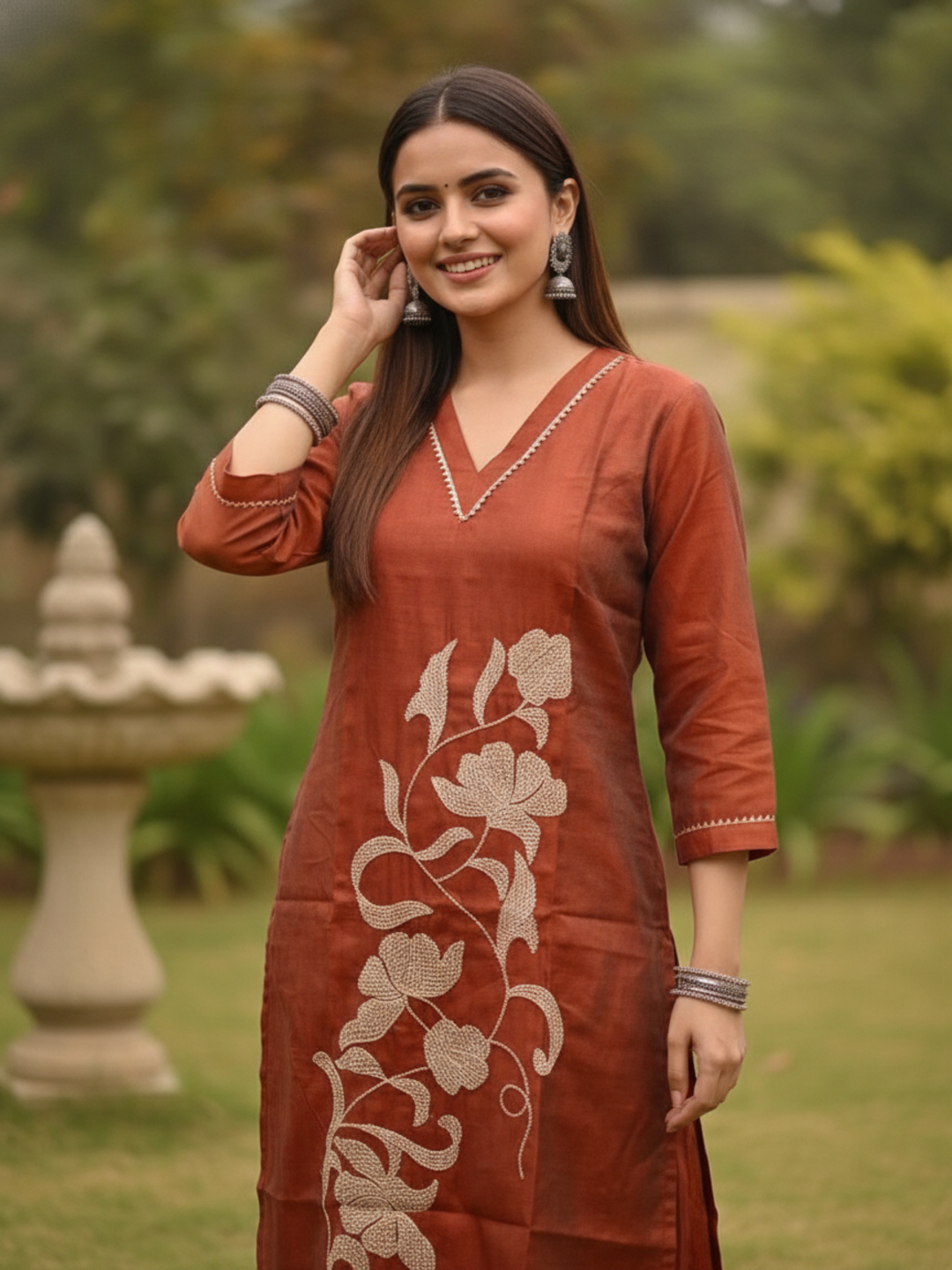 Rust Orange Tissue Kurta Set with Floral Embroidery, Palazzo & Tassel Dupatta