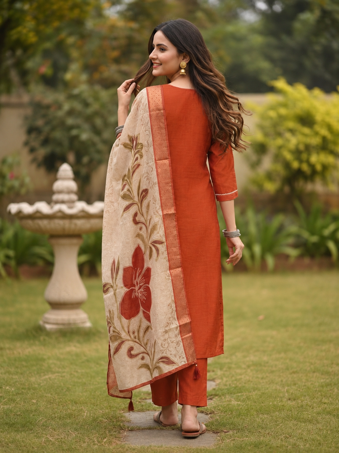 Rust Orange Tissue Kurta Set with Floral Embroidery, Palazzo & Tassel Dupatta