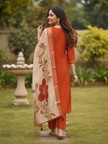 Rust Orange Tissue Kurta Set with Floral Embroidery, Palazzo & Tassel Dupatta