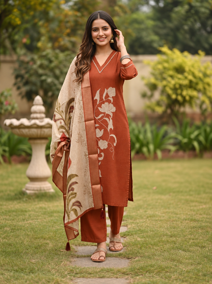 Rust Orange Tissue Kurta Set with Floral Embroidery, Palazzo & Tassel Dupatta