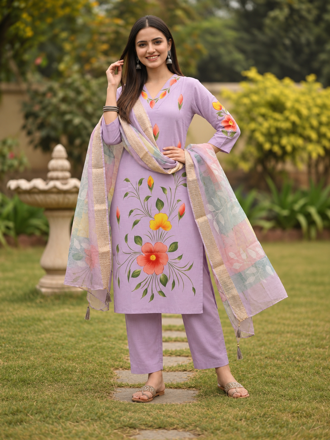 Lavender Hand-Painted Floral Muslin Silk Kurta Set with Palazzo & Printed Dupatta