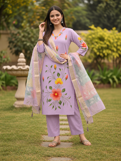 Lavender Hand-Painted Floral Muslin Silk Kurta Set with Palazzo & Printed Dupatta