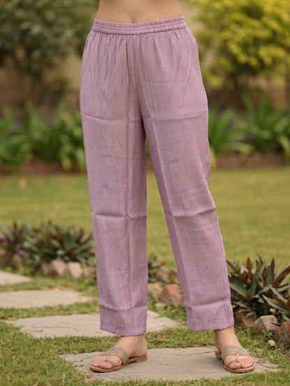 Lavender Hand-Painted Floral Muslin Silk Kurta Set with Palazzo & Printed Dupatta