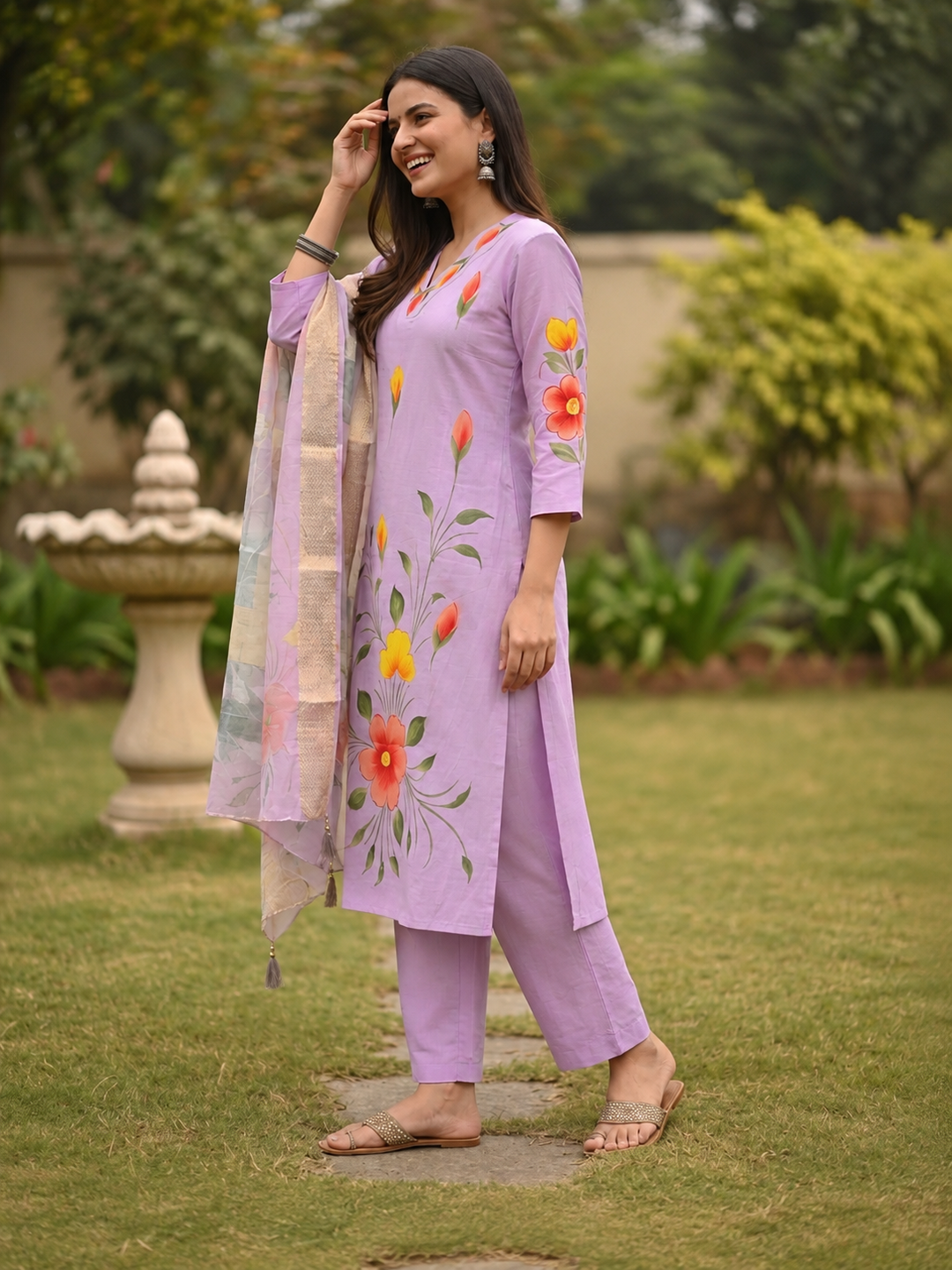 Lavender Hand-Painted Floral Muslin Silk Kurta Set with Palazzo & Printed Dupatta