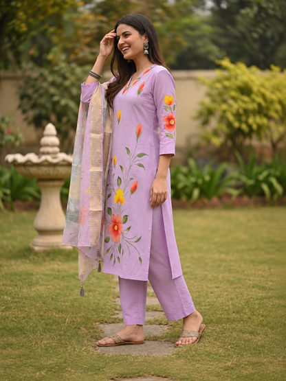 Lavender Hand-Painted Floral Muslin Silk Kurta Set with Palazzo & Printed Dupatta