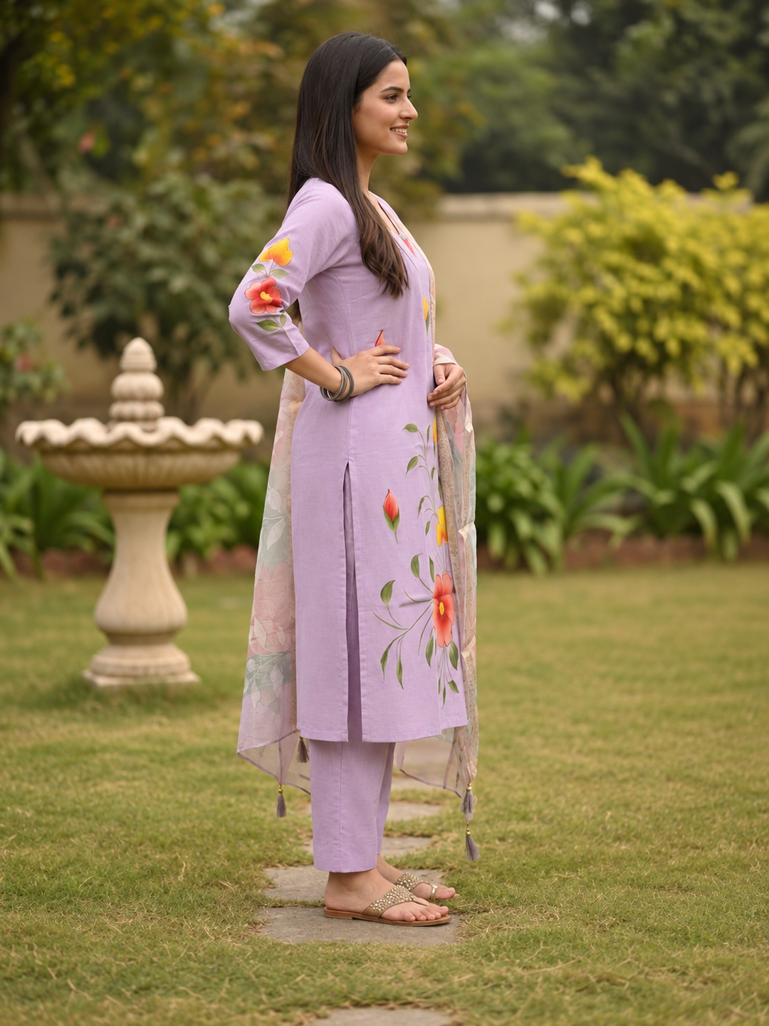 Lavender Hand-Painted Floral Muslin Silk Kurta Set with Palazzo & Printed Dupatta