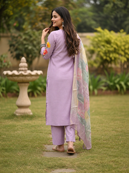 Lavender Hand-Painted Floral Muslin Silk Kurta Set with Palazzo & Printed Dupatta