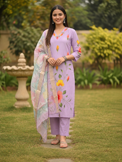 Lavender Hand-Painted Floral Muslin Silk Kurta Set with Palazzo & Printed Dupatta