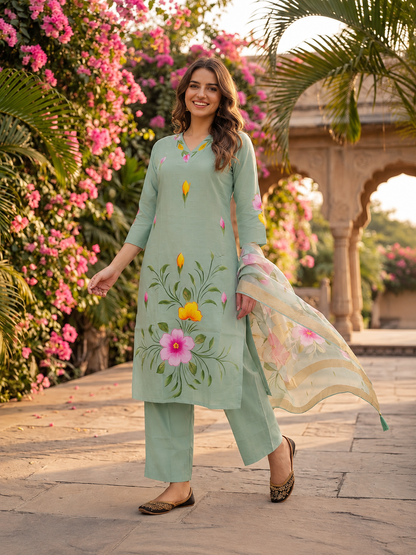 Sage Green Hand-Painted Floral Muslin Silk Kurta Set with Palazzo & Printed Dupatta