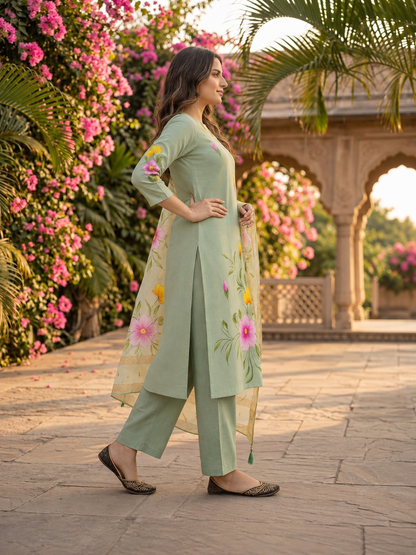 Sage Green Hand-Painted Floral Muslin Silk Kurta Set with Palazzo & Printed Dupatta
