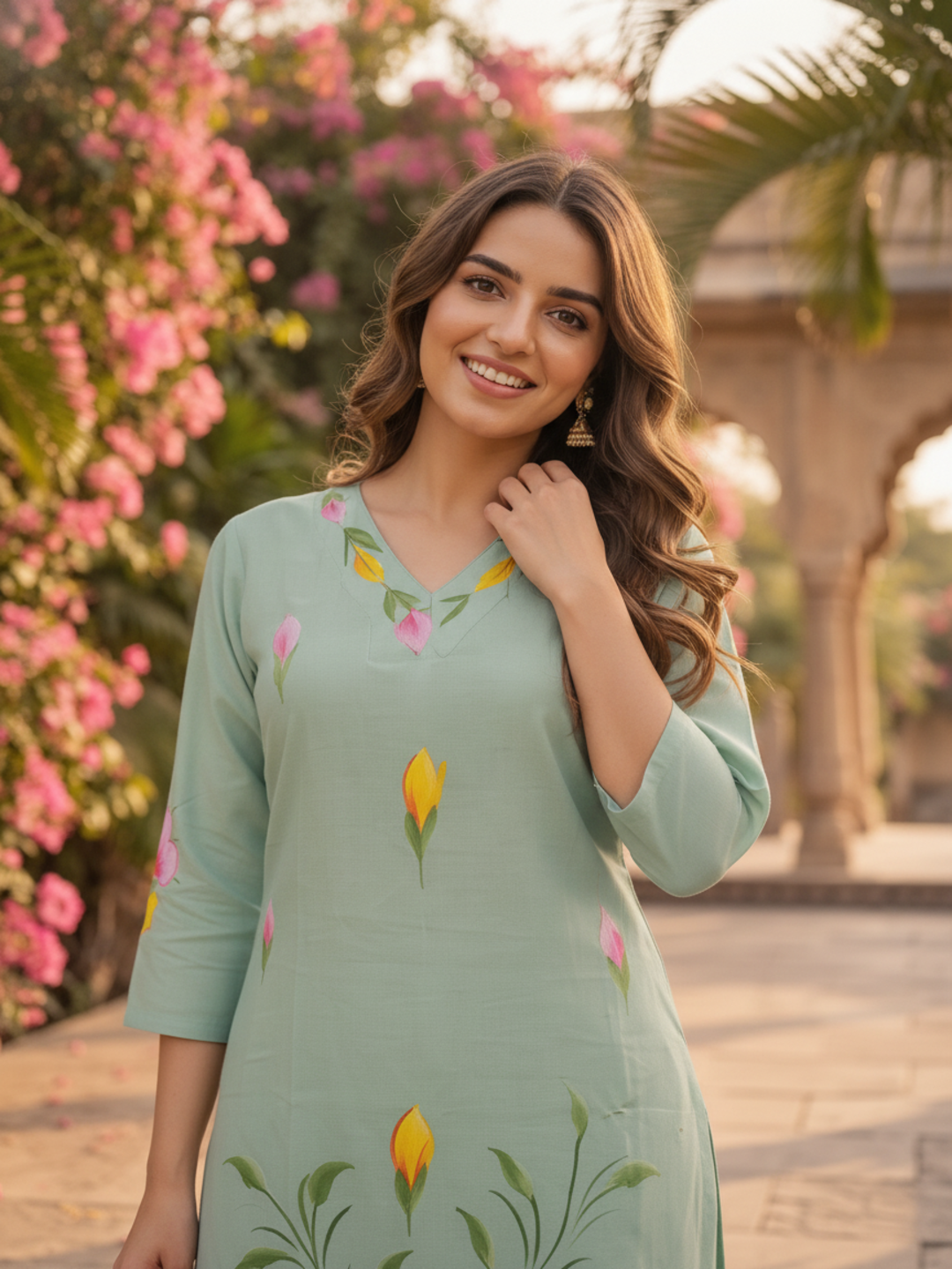 Sage Green Hand-Painted Floral Muslin Silk Kurta Set with Palazzo & Printed Dupatta
