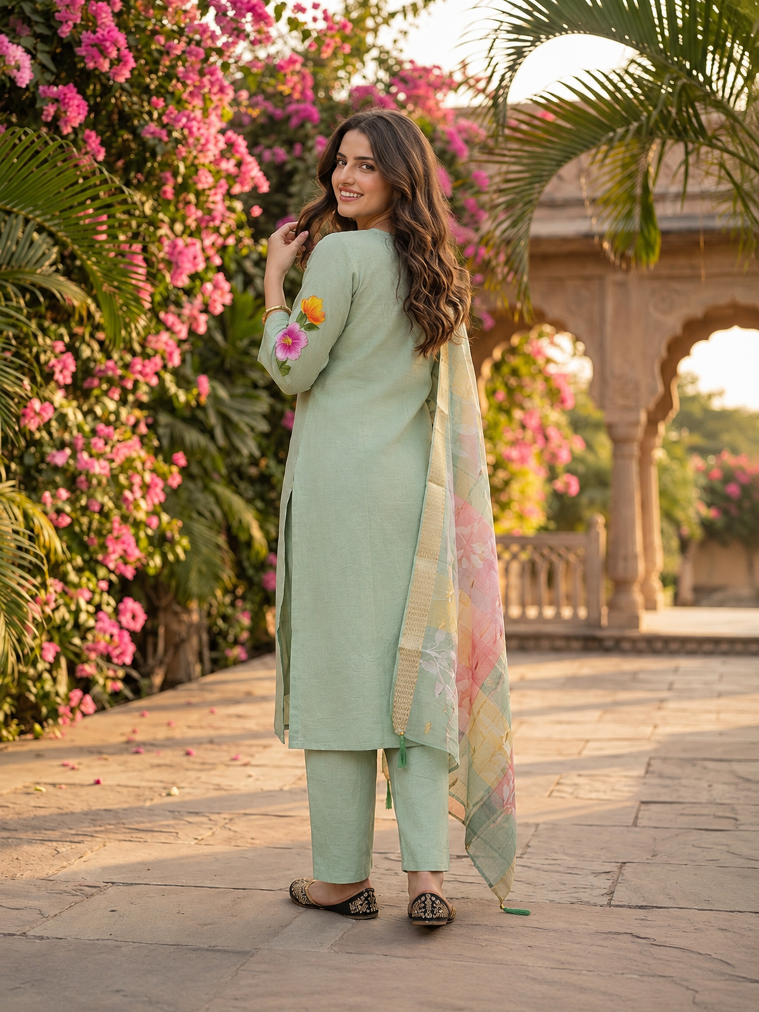Sage Green Hand-Painted Floral Muslin Silk Kurta Set with Palazzo & Printed Dupatta
