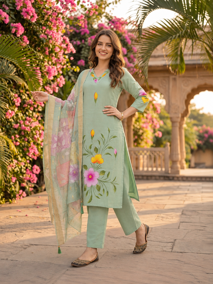 Sage Green Hand-Painted Floral Muslin Silk Kurta Set with Palazzo & Printed Dupatta