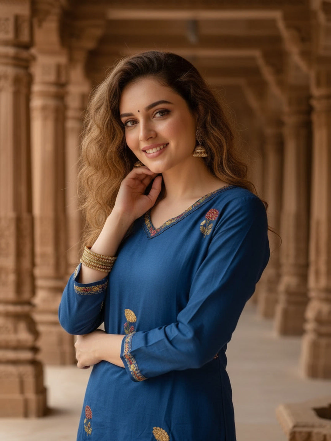 Royal Blue Cotton Kurta Set with Floral Embroidery, Pant & Dupatta