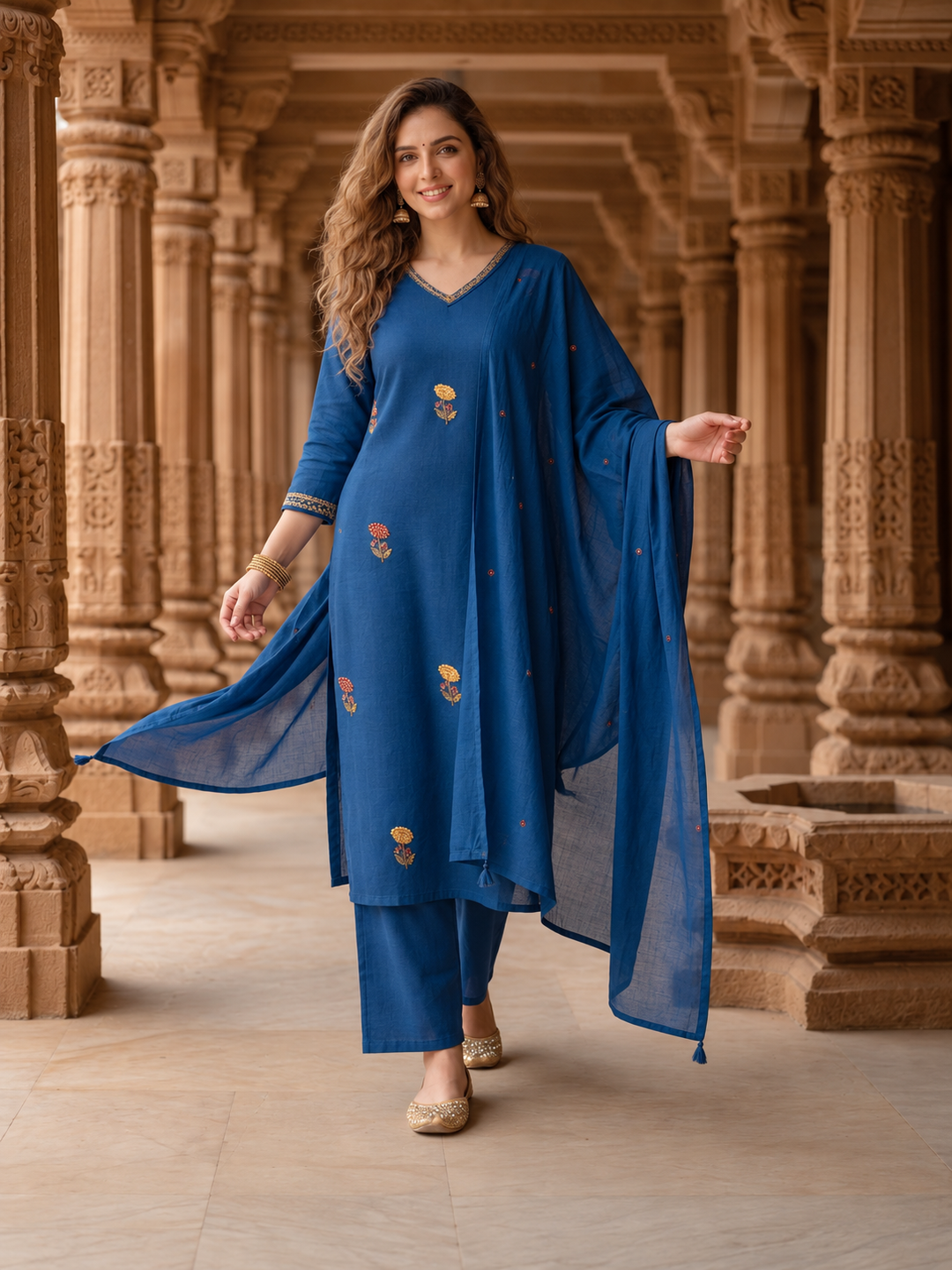 Royal Blue Cotton Kurta Set with Floral Embroidery, Pant & Dupatta