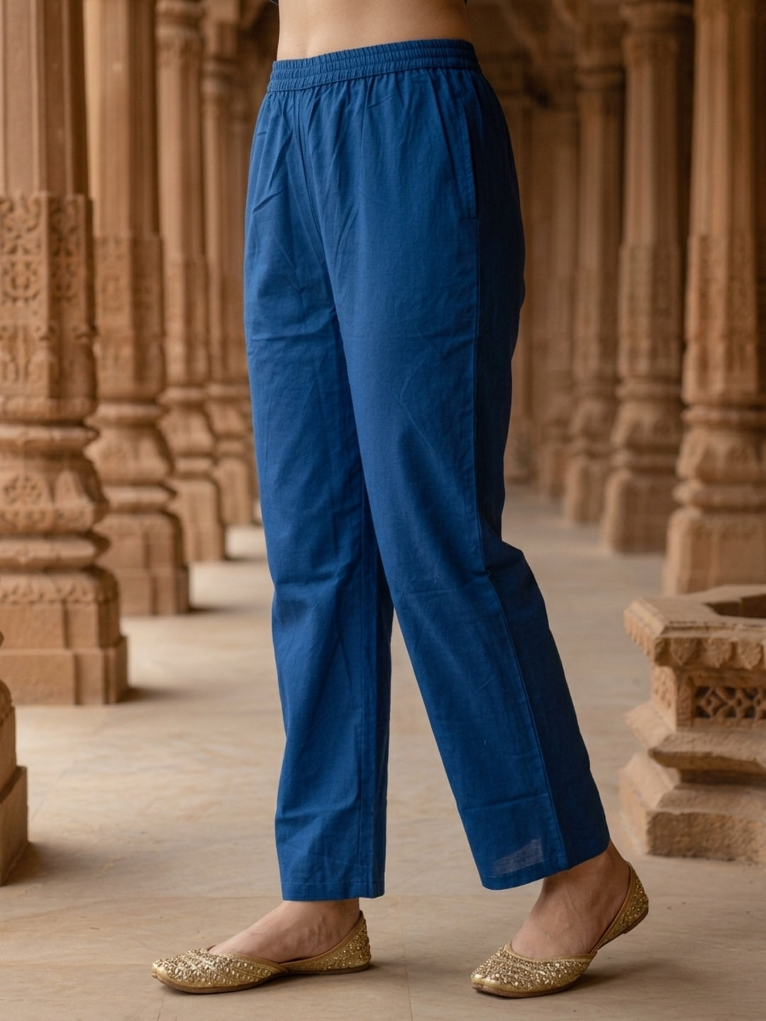 Royal Blue Cotton Kurta Set with Floral Embroidery, Pant & Dupatta