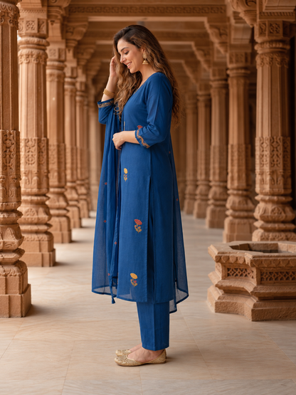Royal Blue Cotton Kurta Set with Floral Embroidery, Pant & Dupatta