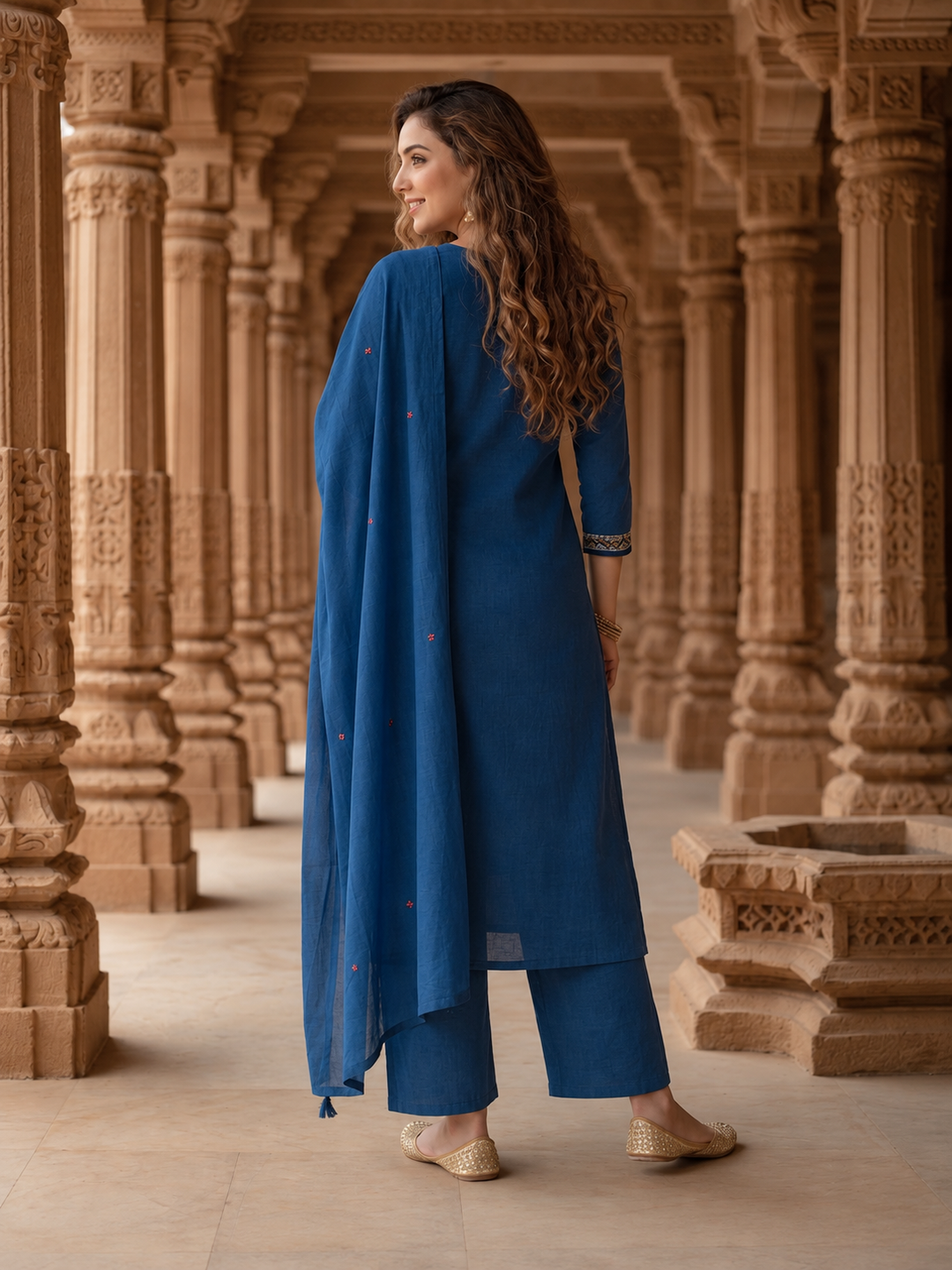Royal Blue Cotton Kurta Set with Floral Embroidery, Pant & Dupatta